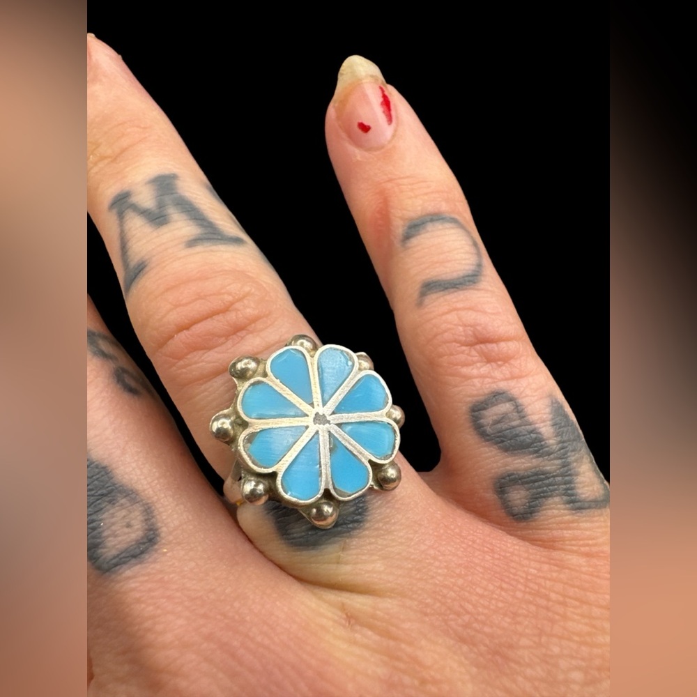 Vintage Sterling Silver Turquoise Zuni Flower Inlay Ring Size 6.25